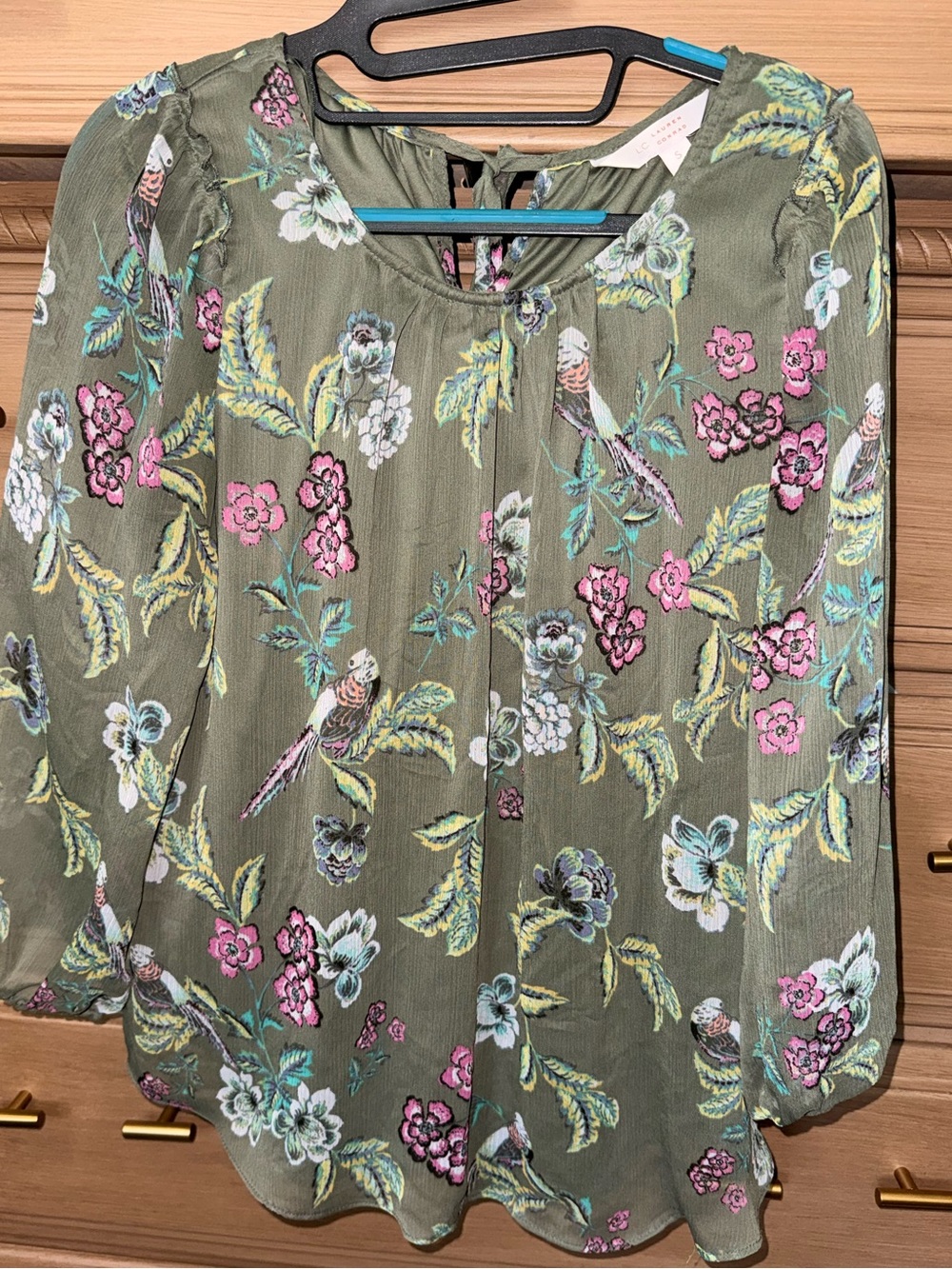 Lauren Conrad Small Floral Bird Print Peasant Blouse in Olive Green